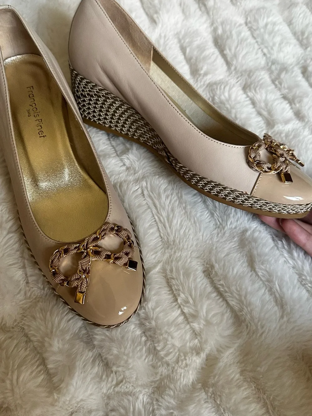Nude Patent Wedge Ballet Flats with Decorative Bow